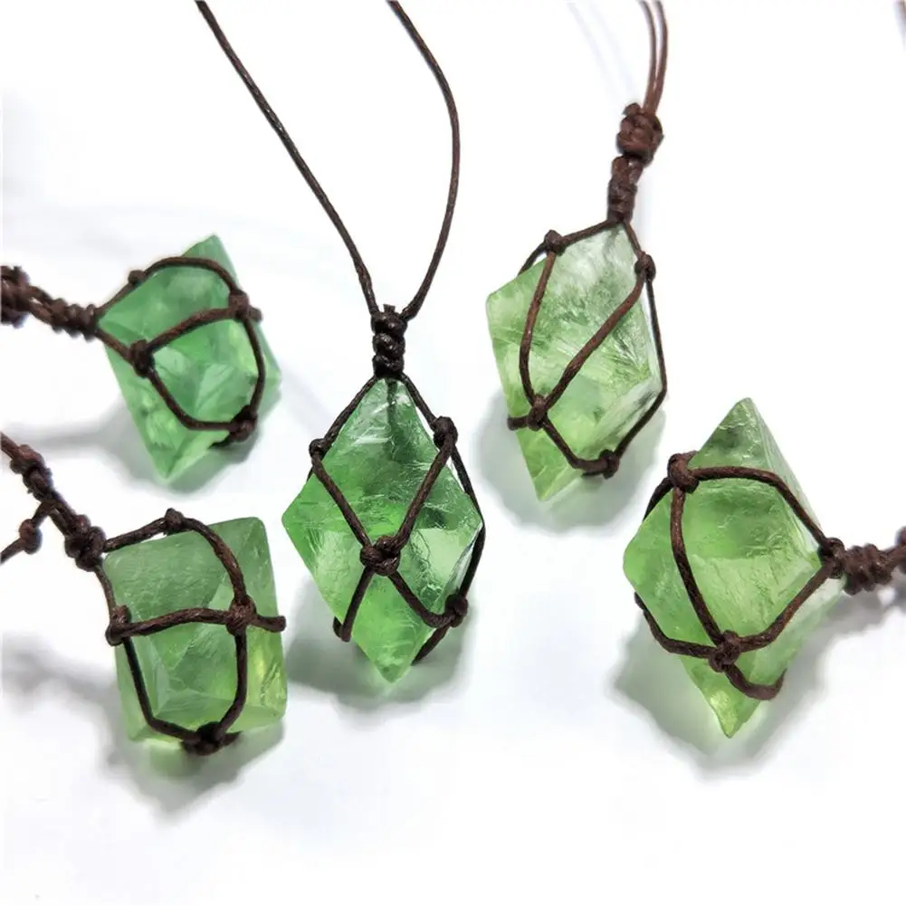Natural Emerald Crystal Pendant Healing DT Gemstone Wand Reiki Green Fluorite Wrap Braid Necklace Yoga Macrame for Men Women - Image 3