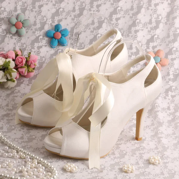 Customized Ladies Navy Platform Court Shoes for Wedding High Heel Ribbon Lace Shoes