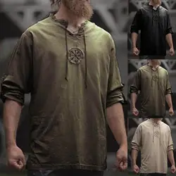 Men Cotton Linen Shirt Top Drawstring Blouse Ancient Viking Embroidery Lace Up V Neck Long Sleeve T-Shirt Top For Men's Clothing