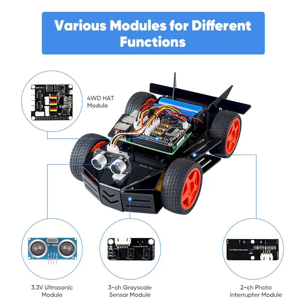 CC SunFounder Raspberry Pi Car Robot Kit, 4WD HAT Module, Ultrasonic Sensor, Velocity Measurement Module，DIY Robot