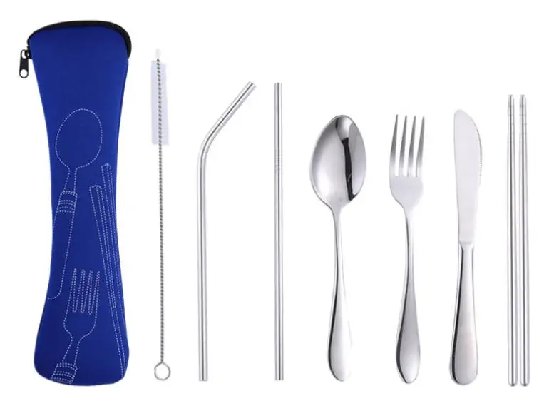 7Pcs/Set Stainless Steel Tableware Set Portable Spoon Fork Knife Lunch Set Travel Tableware Dinnerware With Bag SN2619