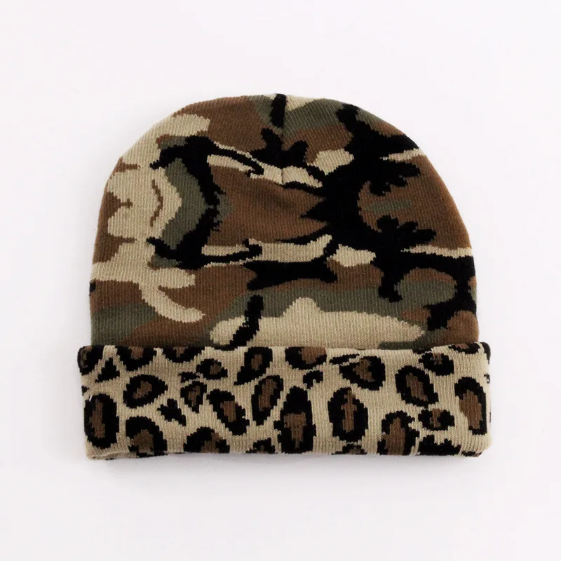 

Autumn Winter Acrylic Leopard Grain Print Thicken Knitted Hat Warm Skullies Cap Beanie Hat for Men and Women 233