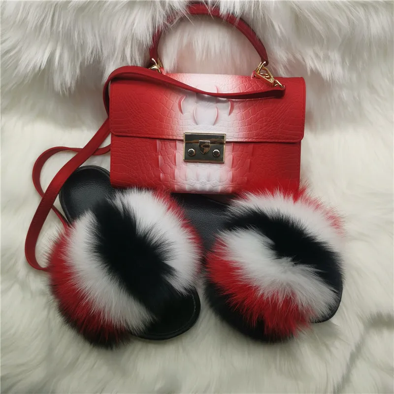 New Women Casual Plush Real Fox Fur Slippers Fashion Shoulder Bag Indoor Fluffy Fur Flip Flops Ladies Cute Flat Furry Fur Slides