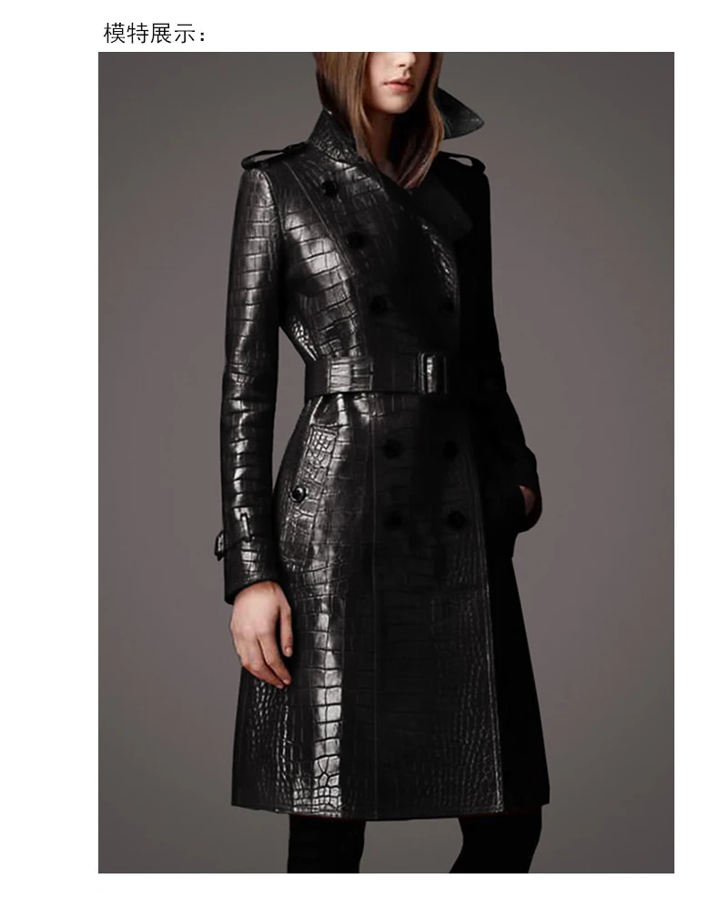 Lautaro Autumn Long Black Crocodile Pattern Pu Leather Trench Coat for Women Belt Double Breasted Stylish British Style Fashion