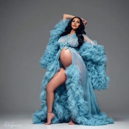 

Blue Tulle Pregnancy Robes For Photo Shoot Plus Size Bow Waistband Long Sheer Extra Puffy Fluffy Maternity Dressing Gow