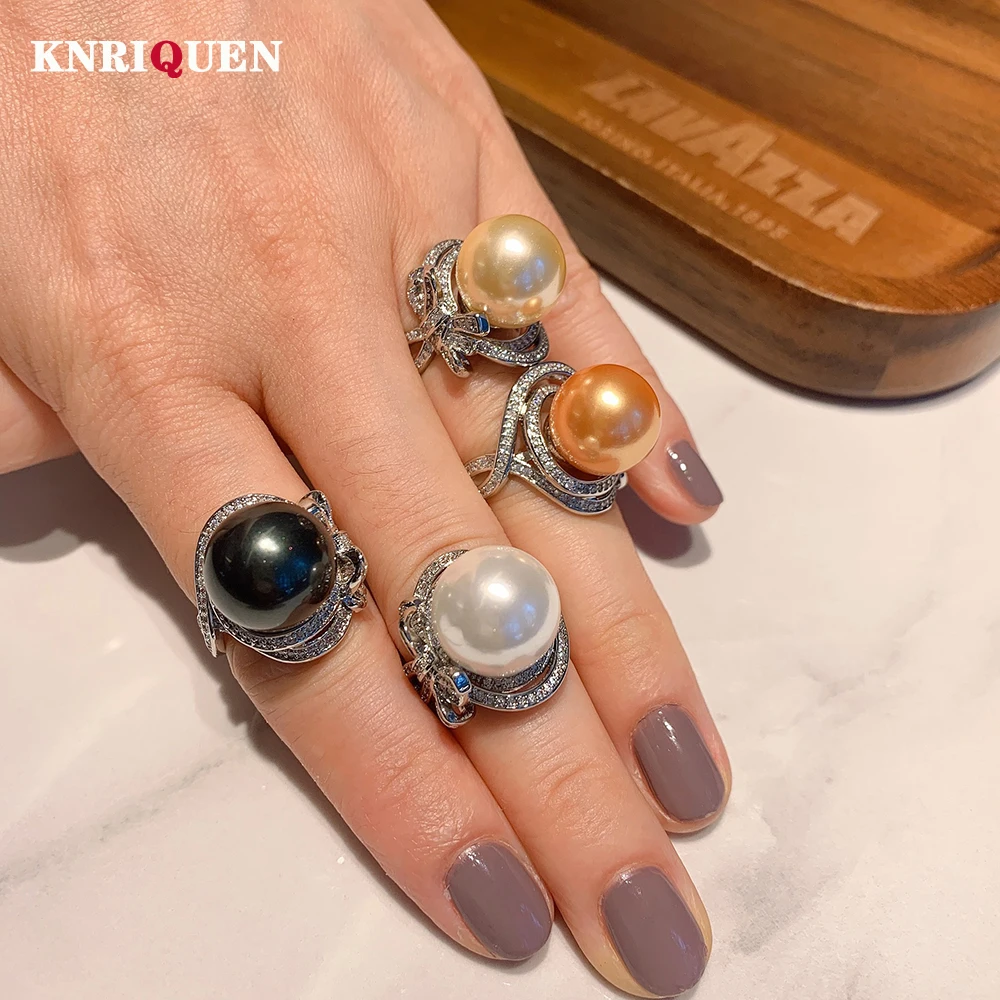 

2021 New Arrival 14mm Big Pearl High Carbon Diamond Adjustable Ring for Women Charms Party Fine Jewelry Female Accessories Gift