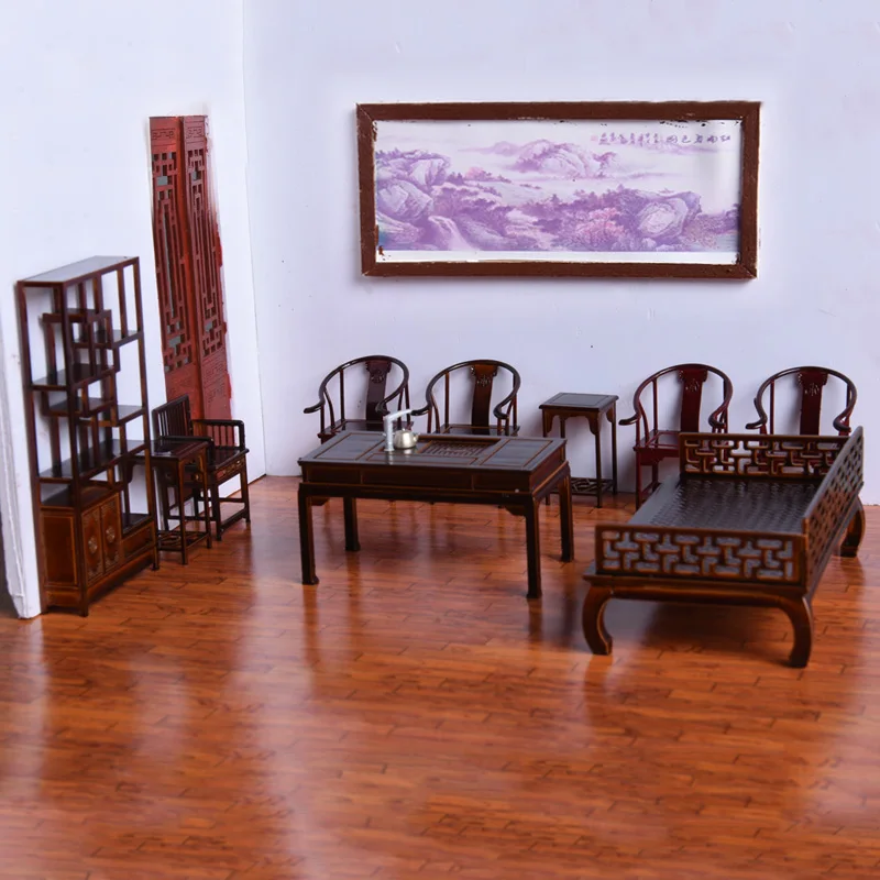 

Chinese Wooden Furniture 1:25 Miniature Table Chair Bed Bookshelf Cabinet Doll House Accessories Mini Building Interior Scene