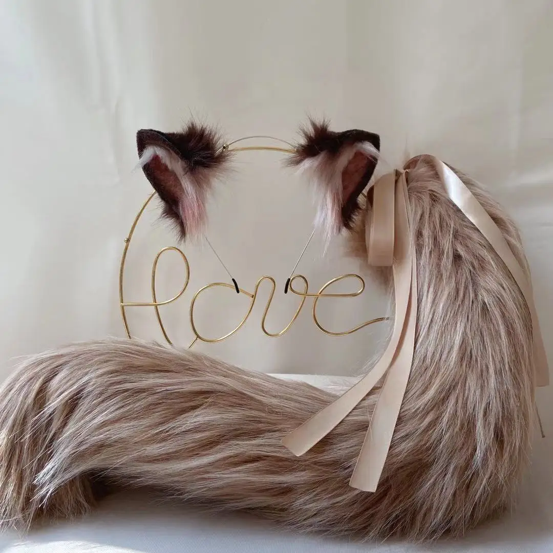 Hand Made Work Brown Cat Ears Hair Hoop Tail Set For KC Cosplay Party Game Costume Accessories