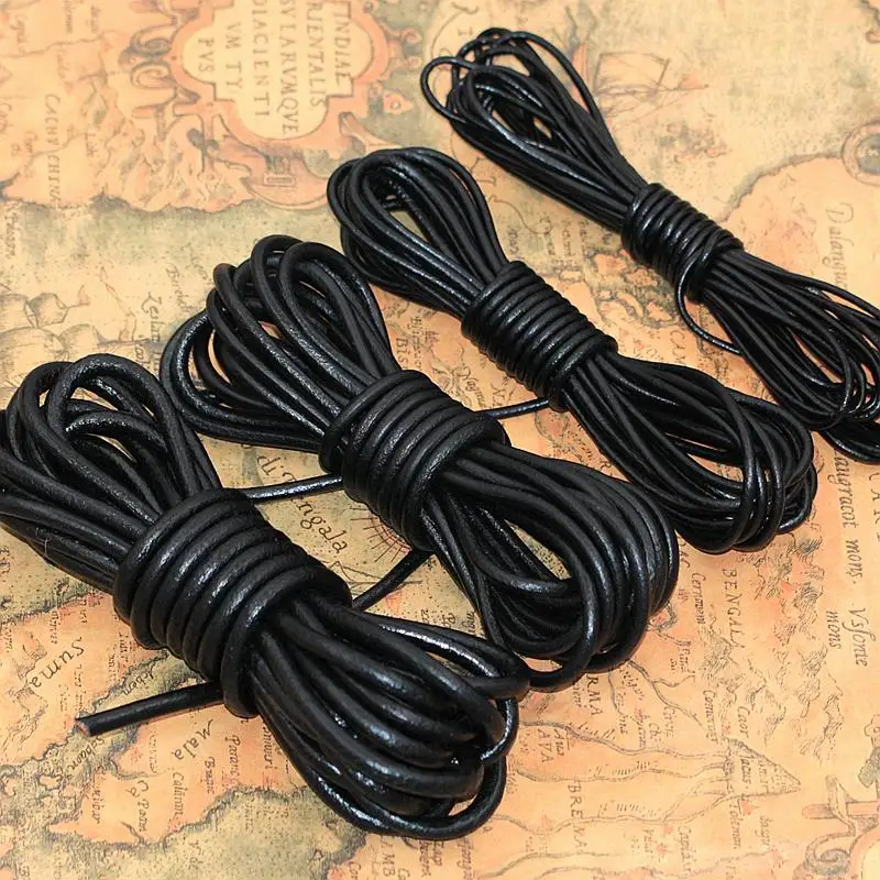 BLACK COLOR round Genuine Cowhide Leather cord strip Flat rope DIY leather craft Jewelry bag 5 meters leathercraft