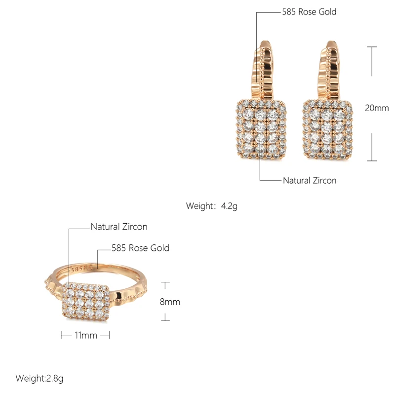 Kinel New 585 Rose Gold Earrings Ring Sets for Women Classic Natural Zircon Earrings Ring Fashion Bridal Wedding Jewelry Set
