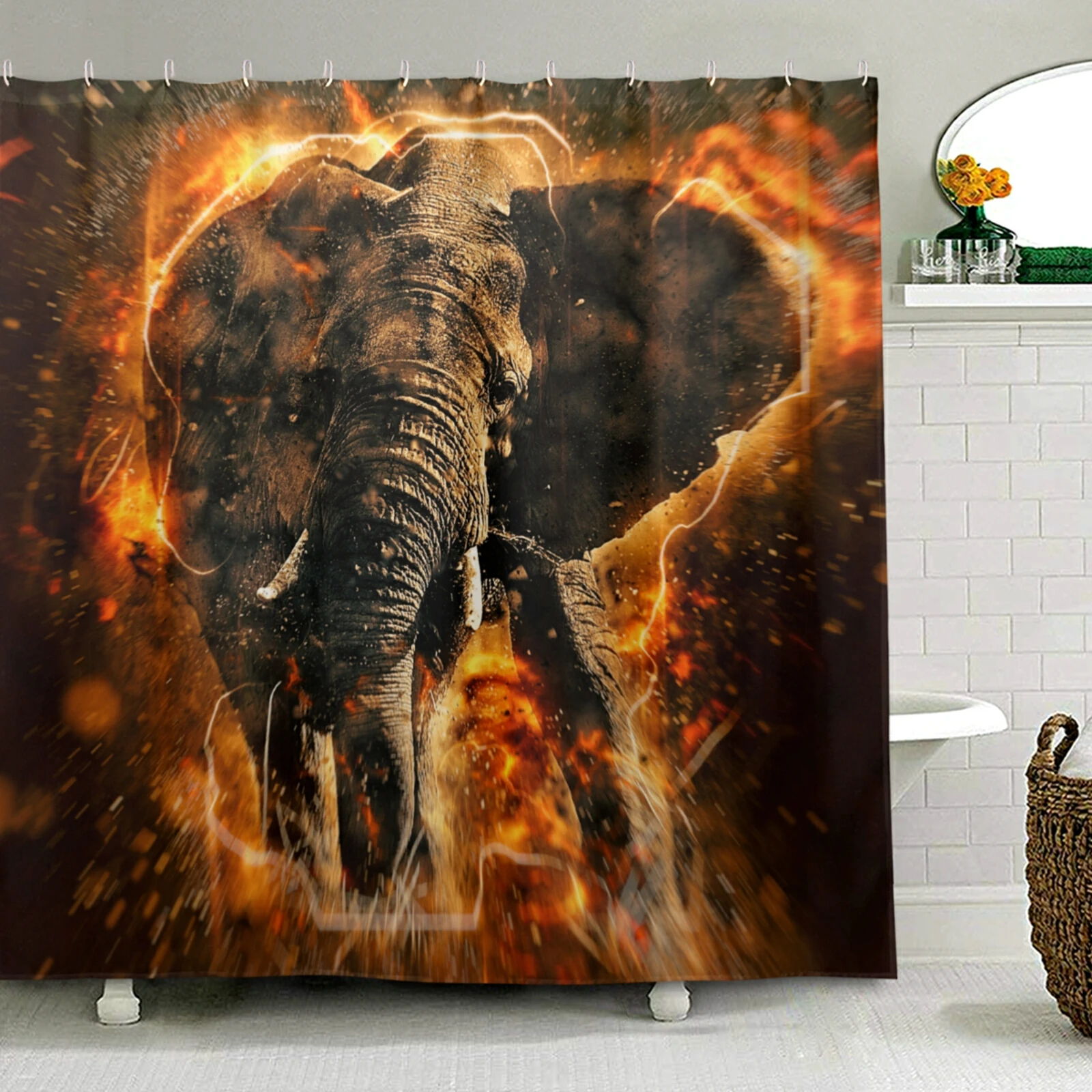 

3D African Elephant With Fire Bath Curtain Polyester Fabric Mildewproof Waterproof Shower Curtain Bathroom Decor With 12 Hooks