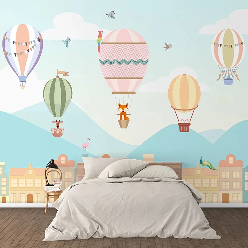 Custom Mural Wallpaper 3D Cartoon Village Hot Air Balloon Wall Painting Children's Bedroom Kindergarten Waterproof Wall Stickers