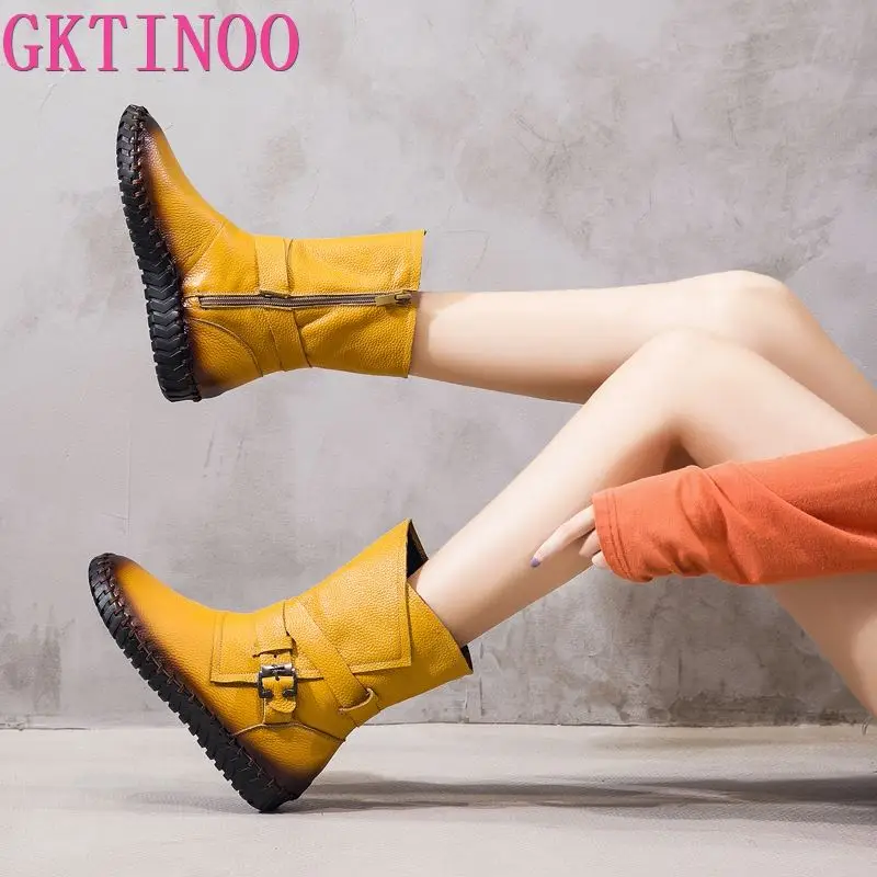 GKTINOO 2024 Women\'s Boots Winter Warm Leather Handmade Retro Flat Boots Flat Shoes Genuine Leather Boots for Women