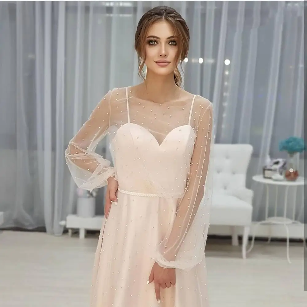 Prachtige Trouwjurk A-lijn Petite Vrouwen Lange Puff Mouwen Roze Graceful Plooi Vrouwen Bruidsjurken Charmant Parels Backless