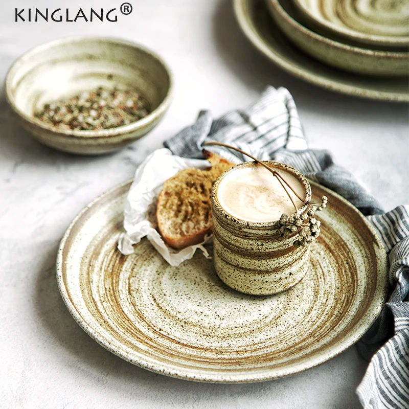 KINGLANG Japanese 2/4 Person Dinner Set Retro Matt Ceramic Dinner Plate Tableware Swallow Salad Food Plate Wholesale RUST Dish