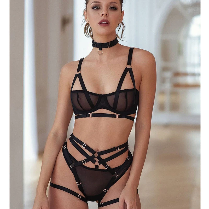 Sexy Lingeries Set Exotic Underwear with Garter Belt Mesh Hollow Bra Thong Outfit Women Erotic Nightwear Suit Porno Sex Costume