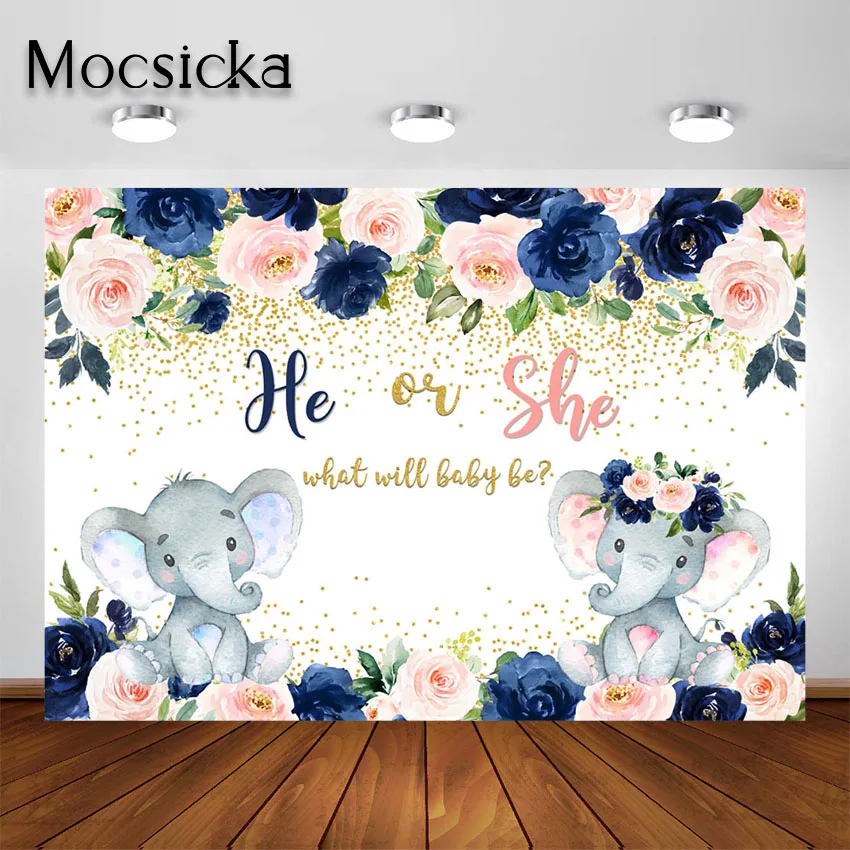 

Mocsicka Navy and Blush Elephant Gender Reveal Backdrop He or She Navy Blue Blush Pink Floral Party Decor Photography Background