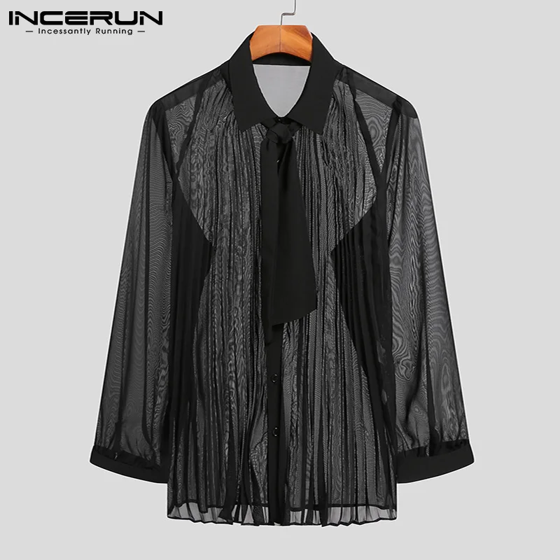 INCERUN Men Shirt Mesh See Through Lapel Long Sleeve Camisa WIth Tie Streetwear 2023 Pleated Solid Sexy Party Men Clothing S-5XL