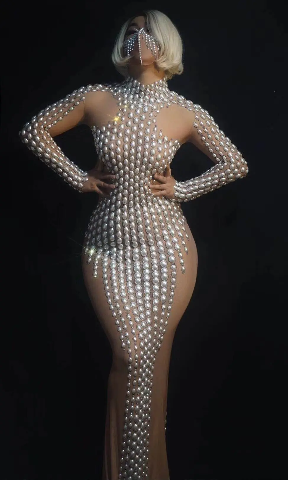 

Singer celebrity COSTUME Show Pearl Rhinestone long dress wedding party nightclub sexy mesh women Birthday dancer costume