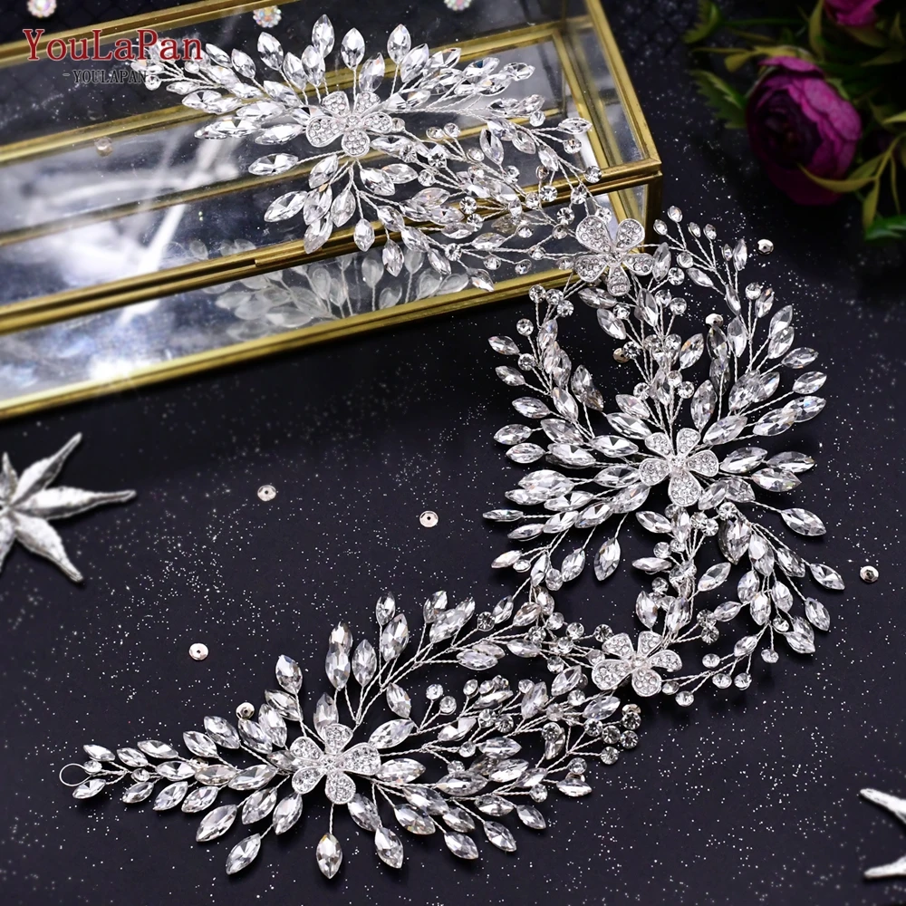 YouLaPan HP390 Rhinestone Headband Alloy Flower Hair Band for Bride Luxury Bridal Hair Jewelry Handmade Wedding Hair Accessories