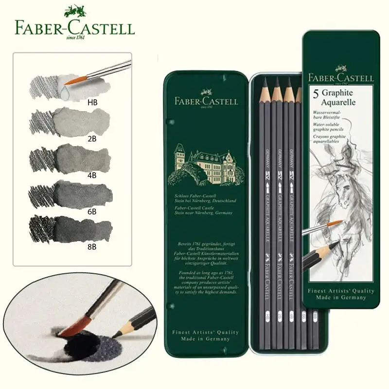 Faber Castel Water soluble Pencil Graphite Aquarelle Watercolour Crayons Pencils Sketches Drawings Kit of Tin Box HB 2B 4B 8B