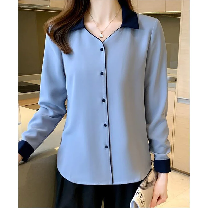 Vrouwen Solid Basic Chiffon Shirts 2022 Lente Herfst Nieuwe Commuter Werkkleding Lange Mouwen Revers Blouse Vrouwelijke Kleding 3XL