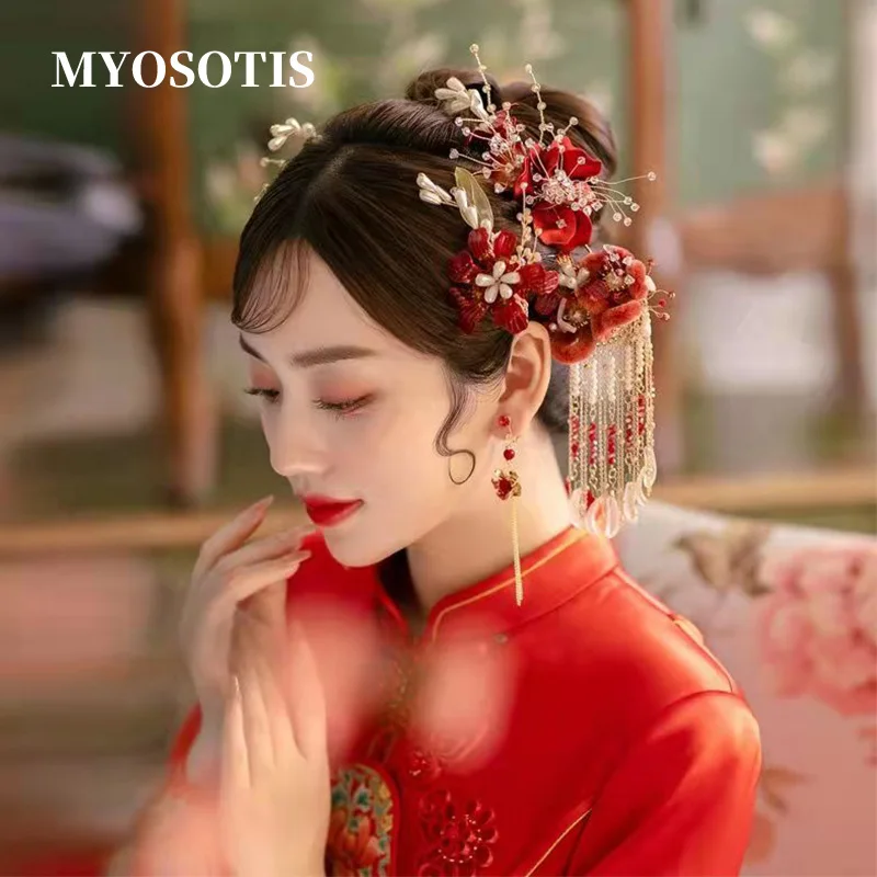 Chinese Ethnic Style Bridal Headdress Beautiful Velvet Flower Tassel Red Hair Accessories Hanfu Clothing Head Jewelries