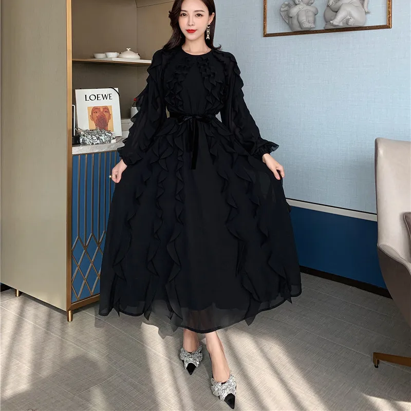 Fashion Vintage Ruffles Dress Women O-neck Long Sleeve High Waist A-Line Chiffon Dress Female Elegant Long Party Dress