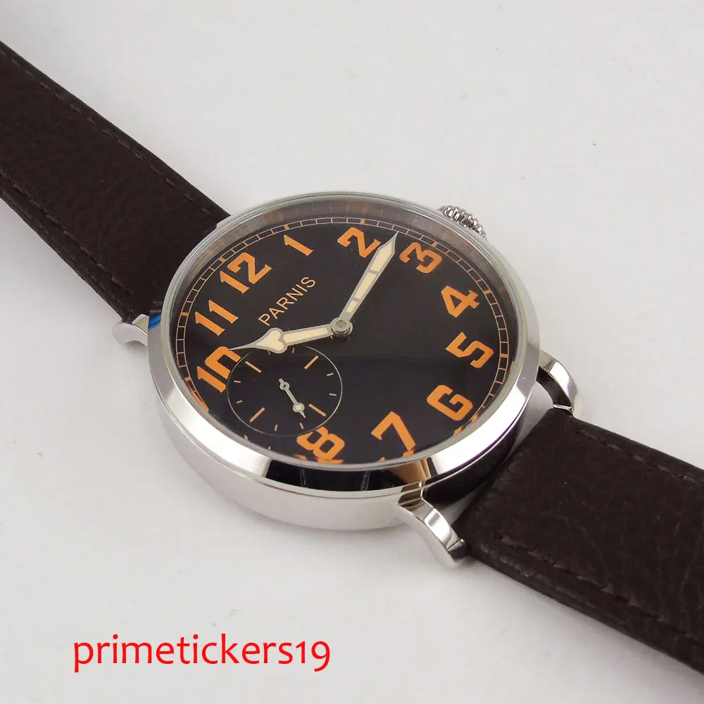 46mm Parnis Orange/Black Marks Stainless Steel Polished Case Leather Strap 6497 Hand Winding Movement Men Watch Black Dial