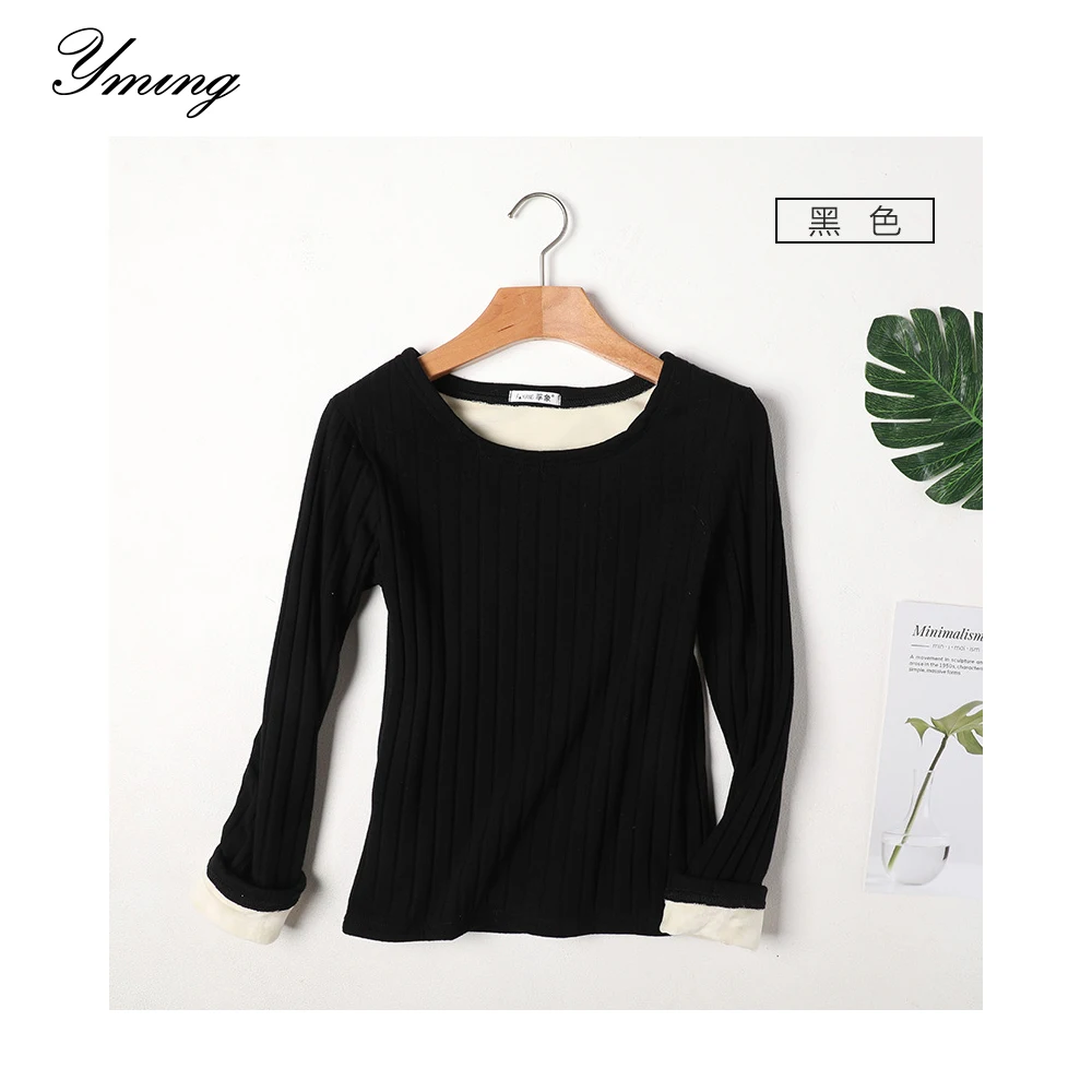 

YMING Women's Autumn And Winter Velvet Thick Bottoming Shirt t-Shirt Women's Cotton Round Neck Long Sleeve Warm Shirt Fleece