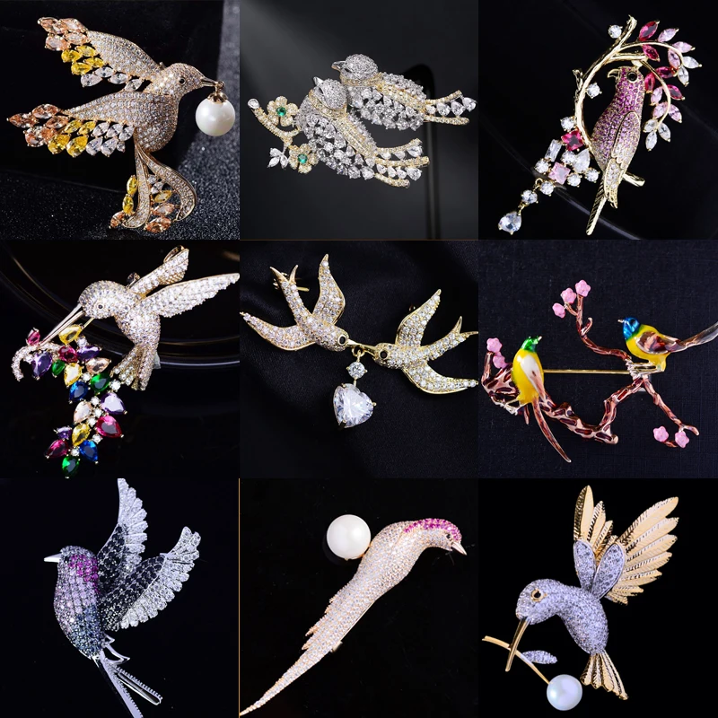 Delicate Cubic Zirconia Bird Brooches for Women Dress Scarf Pins Lovely Magpie Parrot Swallow Flamingo Brooch Pin with Pearl