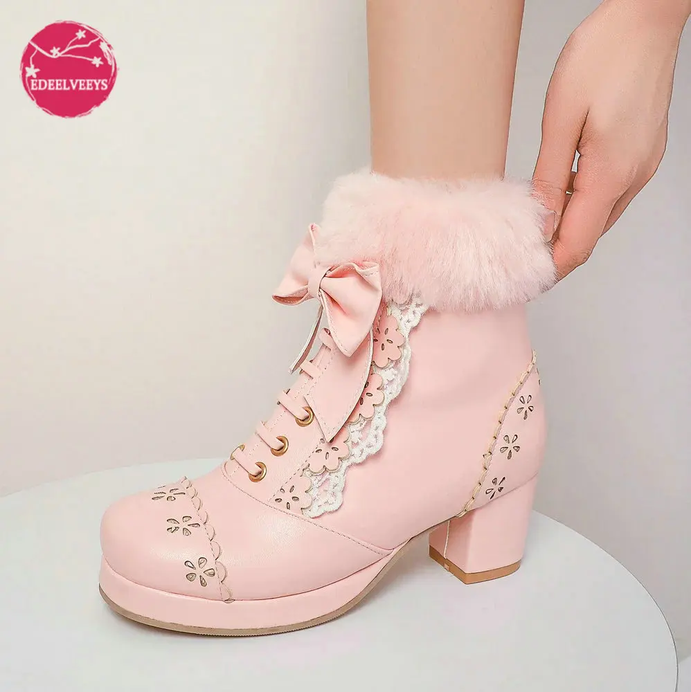 Lolita Girls Winter Boots Pink Women Fur Bowtie Butterfly-Knot Lovely Ladies JK-Uniform Japanese Cosplay Party Wedding Shoes