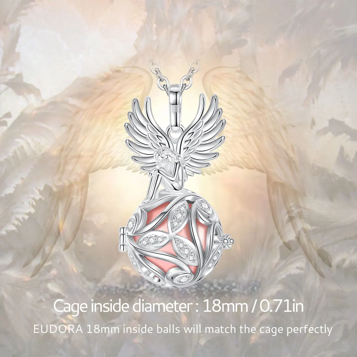 Eudora 18mm Harmony Ball Angel Wing Cage Necklace Angel Caller Bola inlay Zircon Pendant Fashion Jewelry Party Gift for Women