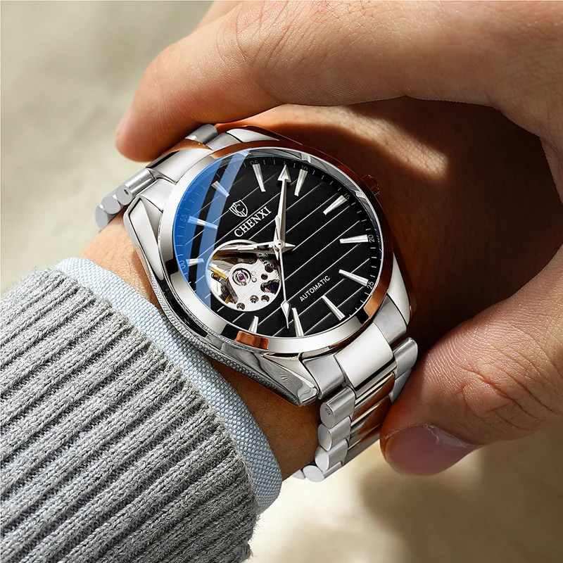 Fashion Automatic Mechanical Watch Men Luxury Antique Retro Stylish Silver Stainless Steel Male Casual Sport Wristwatch