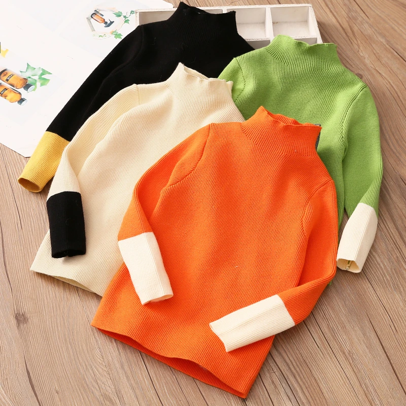 2024 Spring Autumn Winter New 2 3 4 6 8 10 Years High Neck Knitted Turtleneck Color Block Patchwork Sweater For Baby Kids Girls