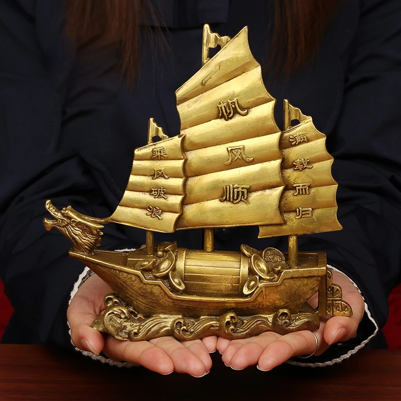 Sailing Ship Statue Feng Shui Decor for Fortune, Wealth and Prosperity - Decorative Gold Wealth Sailing Boat Décor for Office