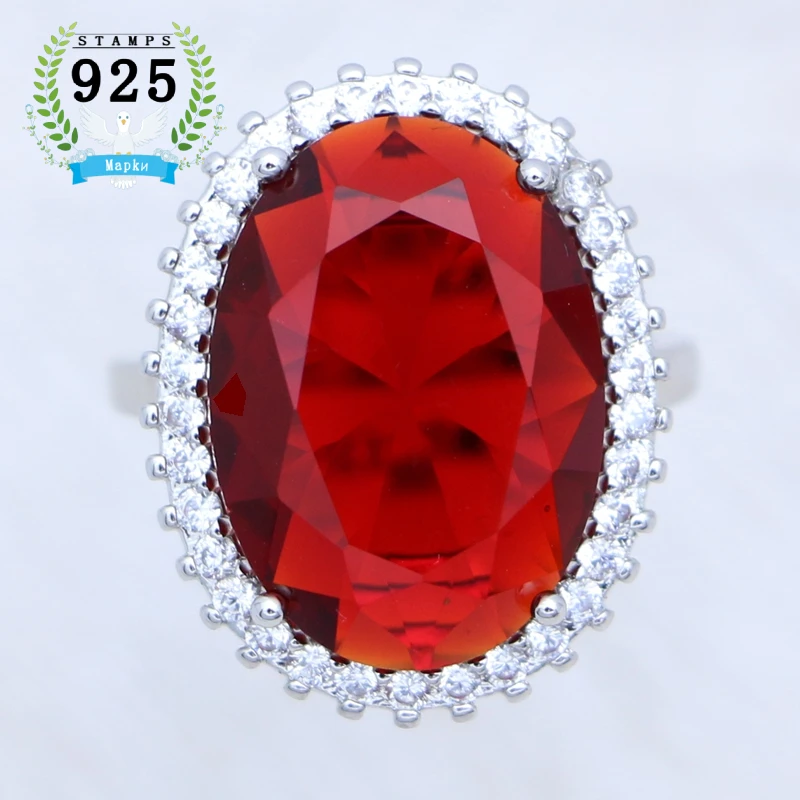 925 Sterling Silver Ring Oval Red Ruby Cubic Zirconia Large Main Stone White Crystal Ring for Women Free Gift Box Size 5.5 To 10