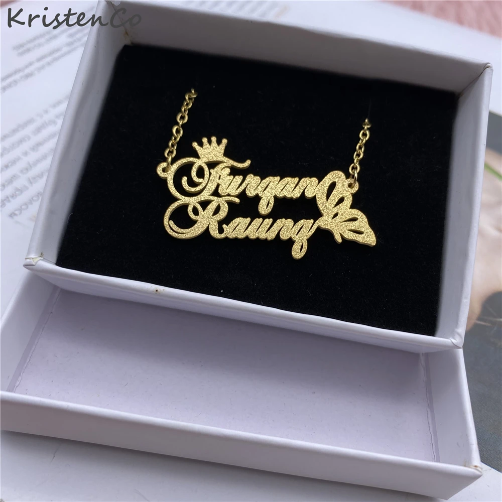 

KristenCo Custom Frosted Necklace Custom Two Name Necklace Personalize Stainless Steel Nameplate Necklace For Women Jewelry Gift