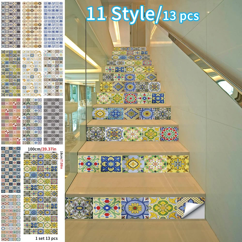 13PCS Turkish Ceramic Tile Mural Removable PVC Vintage Staircase Riser Wall DIY Decoration Waterproof Stairs Steps Stickers