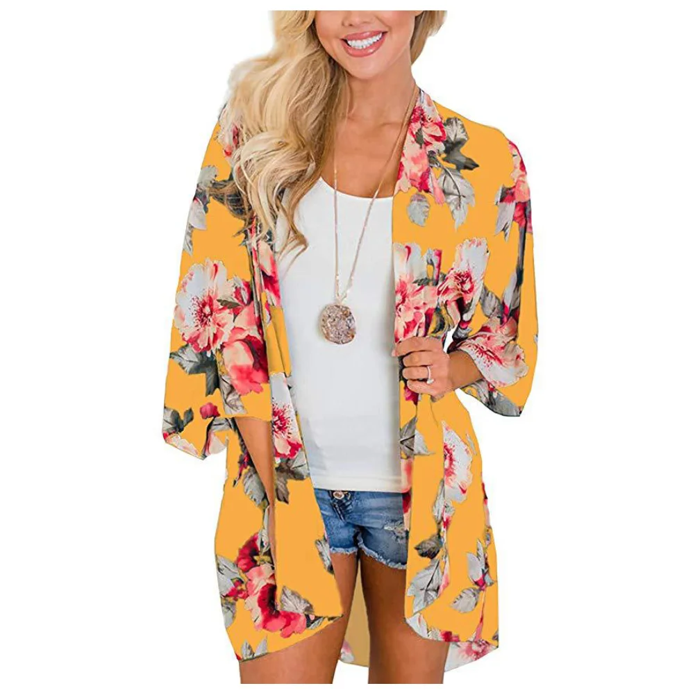 Mulheres Floral Leopardo Estampa Xale de Meia Manga, Kimono Chiffon, Cardigan de Praia, Bikini Cover Up, Wrap Beachwear, Exterior, Casaco Anti-UV