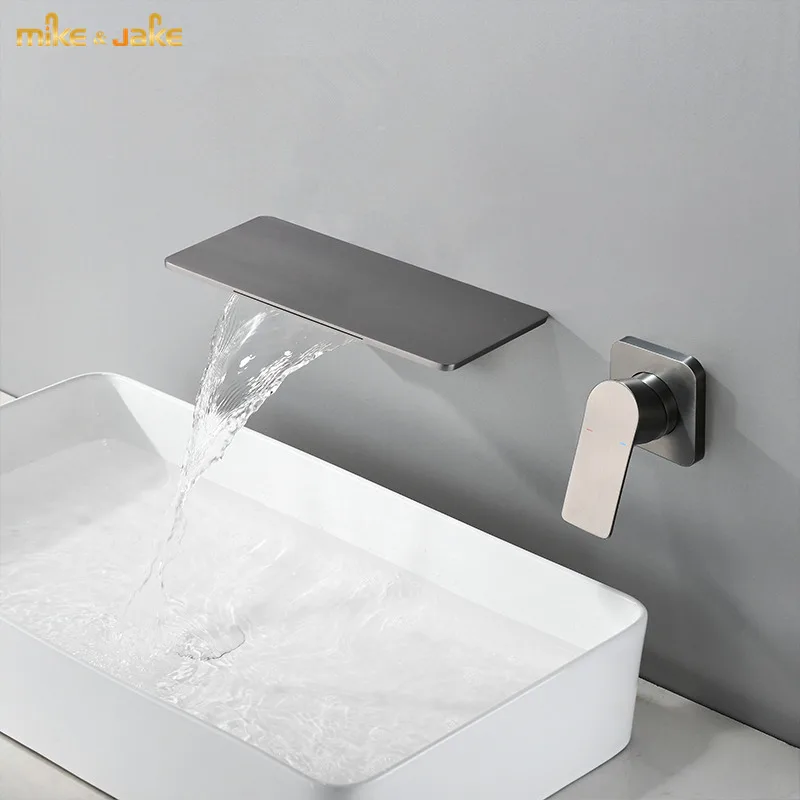 Gun metal wall basin faucet Frosted gray metal waterfall tap mixer hot and cold bathroom water tap waterfall style gray faucet