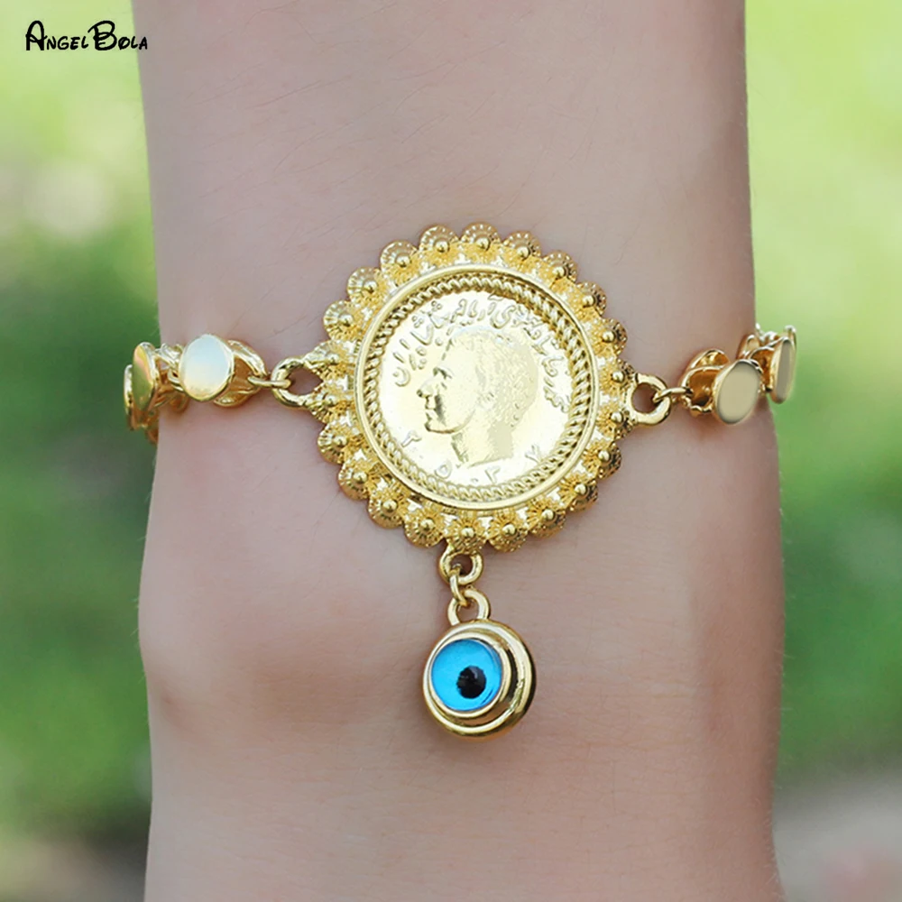 5mm Chain Adjustable Demon Eye Bracelet Pendant Round Bracelet for Women Gold Plated Vintage Coin Couple Jewelry Best Gift Girl