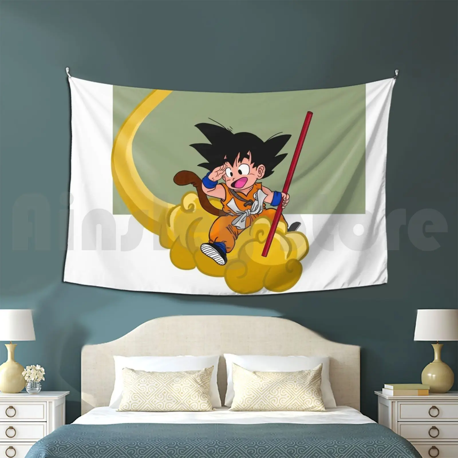 On Nimbus Tapestry Background Wall Hanging Nimbus Anime Kid Sleeve Childhood Yellow Orange Green Happy