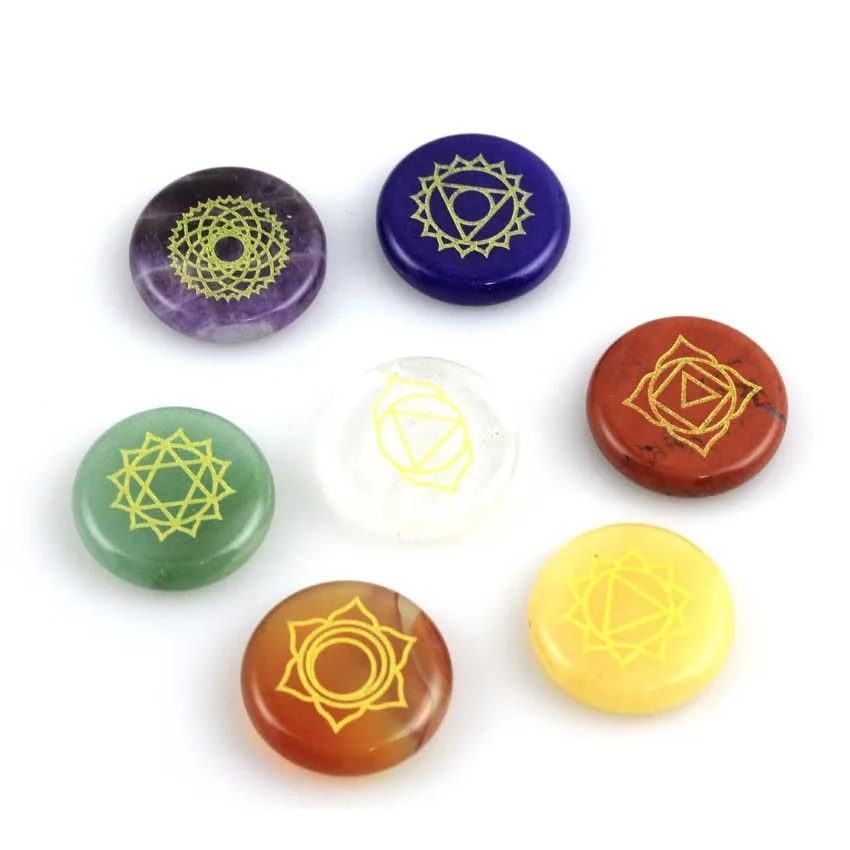 

KFT Natural Healing Crystal Quartz Stone Carved Rune Pendant Round Choker Reiki 7 Chakra Stone Pendant Necklace no hole/One Set'