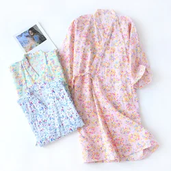 New Summer Cotton Gauze Nightdress Thin Retro Flower Nightgown Japanese Kimono Robe 7-Quarter Bathrobe Women Pijamas Sleep Tops