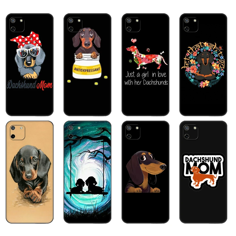 Black tpu Case For OPPO Realme C11 Case For Realme C 11 RealmeC11 Back RMX2185 Case Cover Animals Dogs Dachshund Colorful Cute