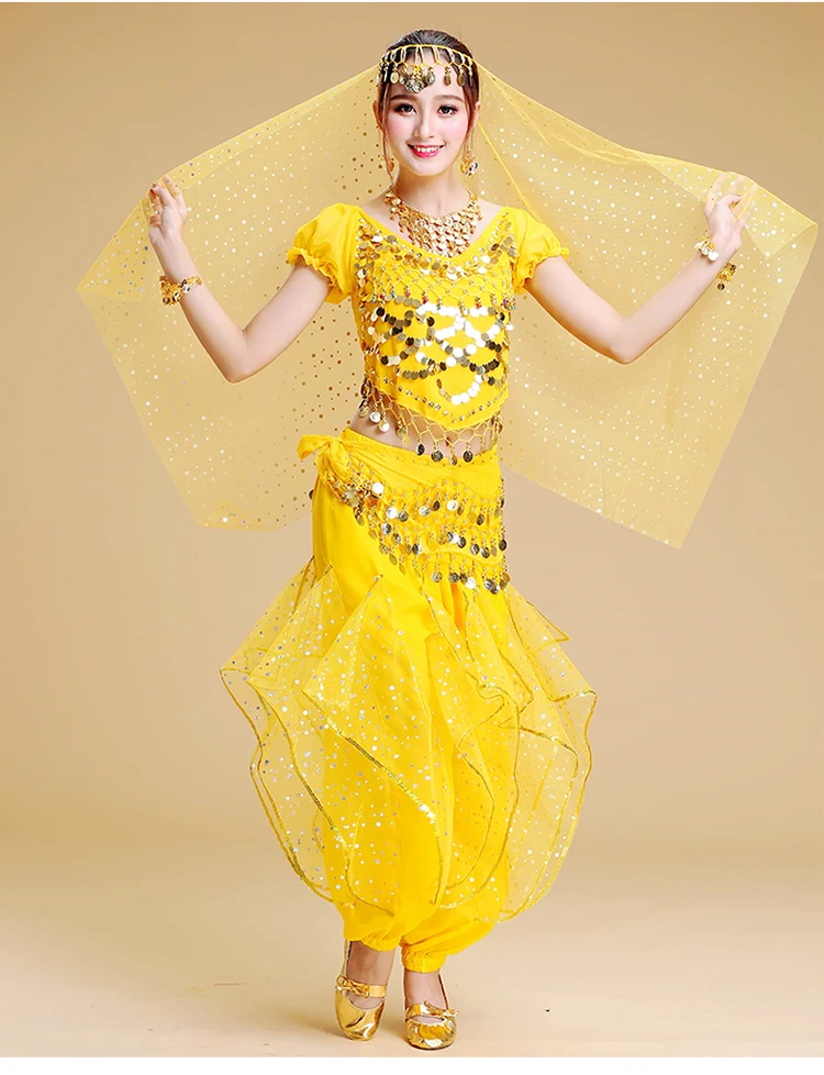 Kostium do tańca brzucha dla dorosłych, krótkie rękawy, szyfonowy strój z monetami dla kobiet, orientalne indyjskie kostiumy taneczne, strój do tańca brzucha na scenę.