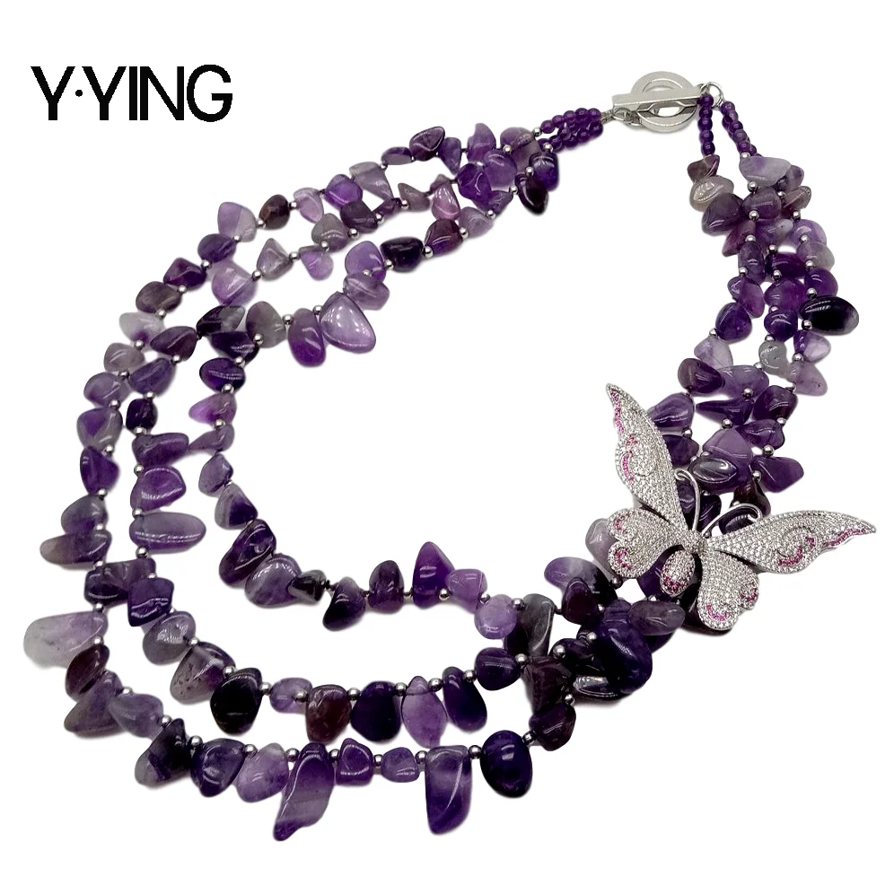 Y·YING 3 strands Natural Purple Amethysts top-drilled fancy choker Necklace CZ Pave Butterfly Connector