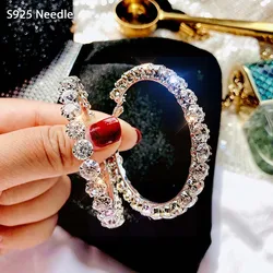 Pendientes de aro de aguja de Plata de Ley 925 para mujer, joyería redonda de circón cúbico brillante, joyería de aro grande para mujer