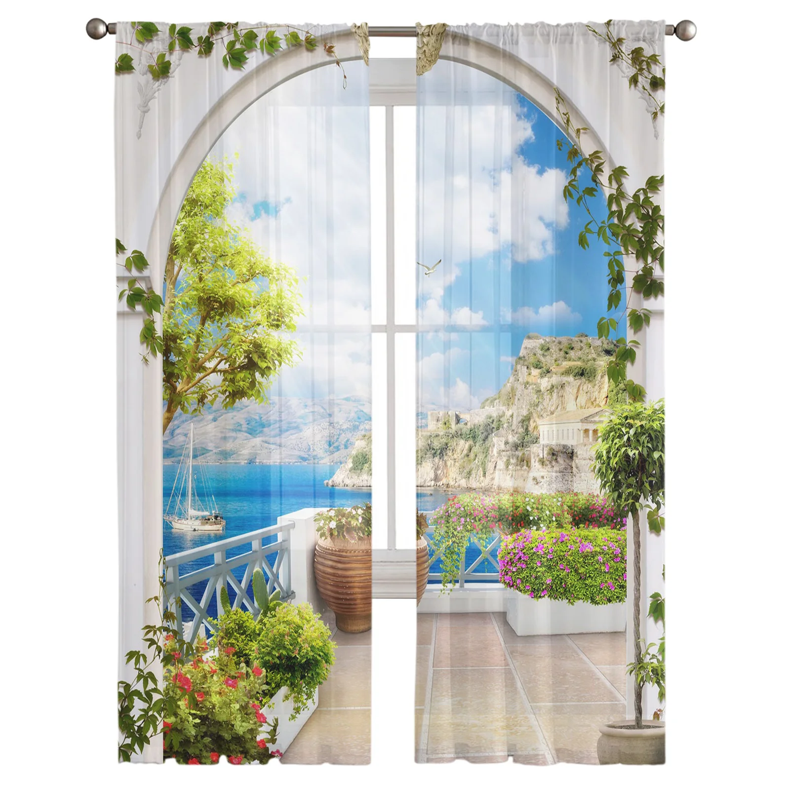 Garden Building Seaside Flowers Sheer Tulle Window Curtains For Living Room Bedroom Kitchen Veiling Curtain Home Decoration